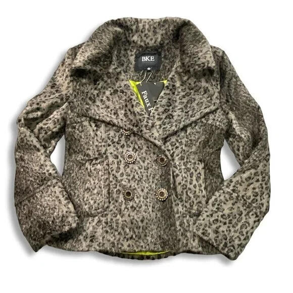 BKE Jacket Womens L Peacoat Double Breasted Gray Faux Fur Animal Print Cheetah eBay Poshmark Depop