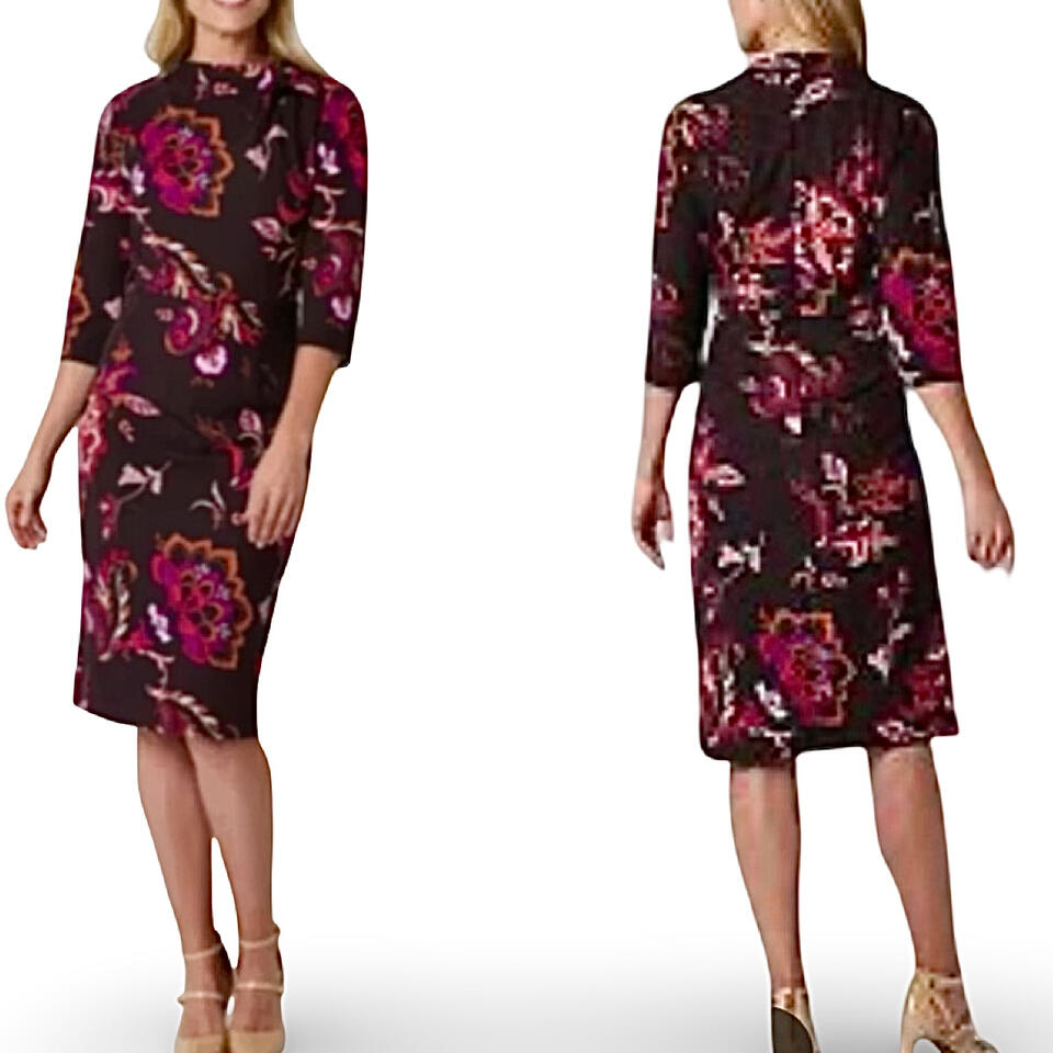 Liz Claiborne Floral Sheath Dress Womens 12 Plum Paisley 3/4 Sleeve Tie Neck eBay Poshmark Mercari