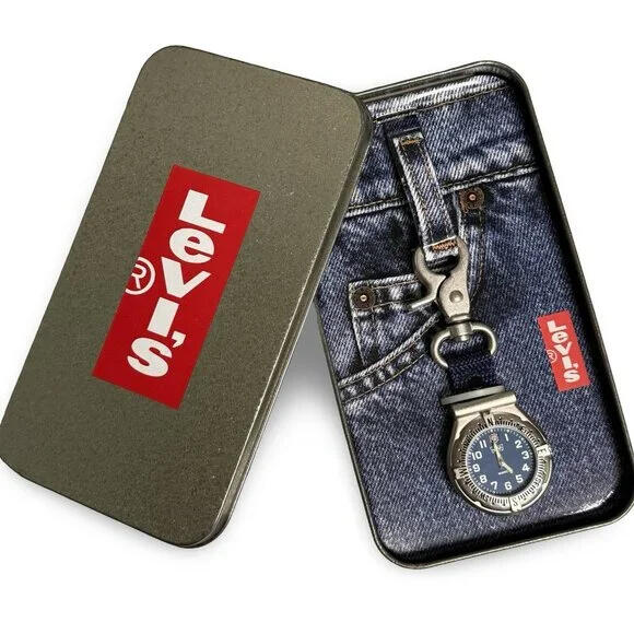 Vintage Levi&#39;s Pocket Watch Clip Stainless Steel Navy Blue Quartz Tin Gift Box Japan. eBay Poshmark Depop