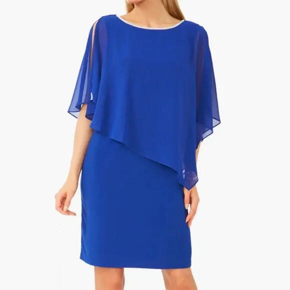 MSK Chiffon Sheath Rhinestone Trim Dress Royal Blue Asymmetric Cape eBay Poshmark Mercari Depop