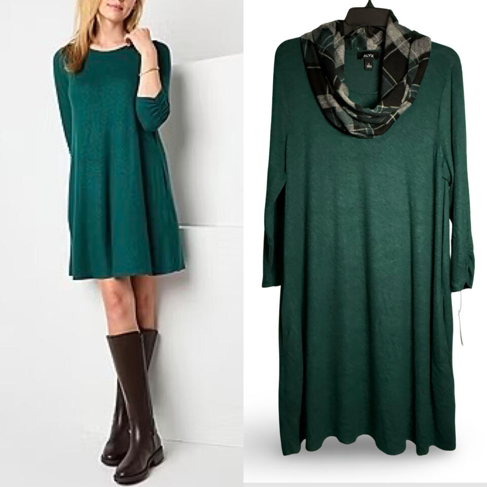 Alyx Knit Shift Dress Womens L Forest Green 3/4 Sleeves Pockets Removable Scarf NWT eBay Poshmark Depop